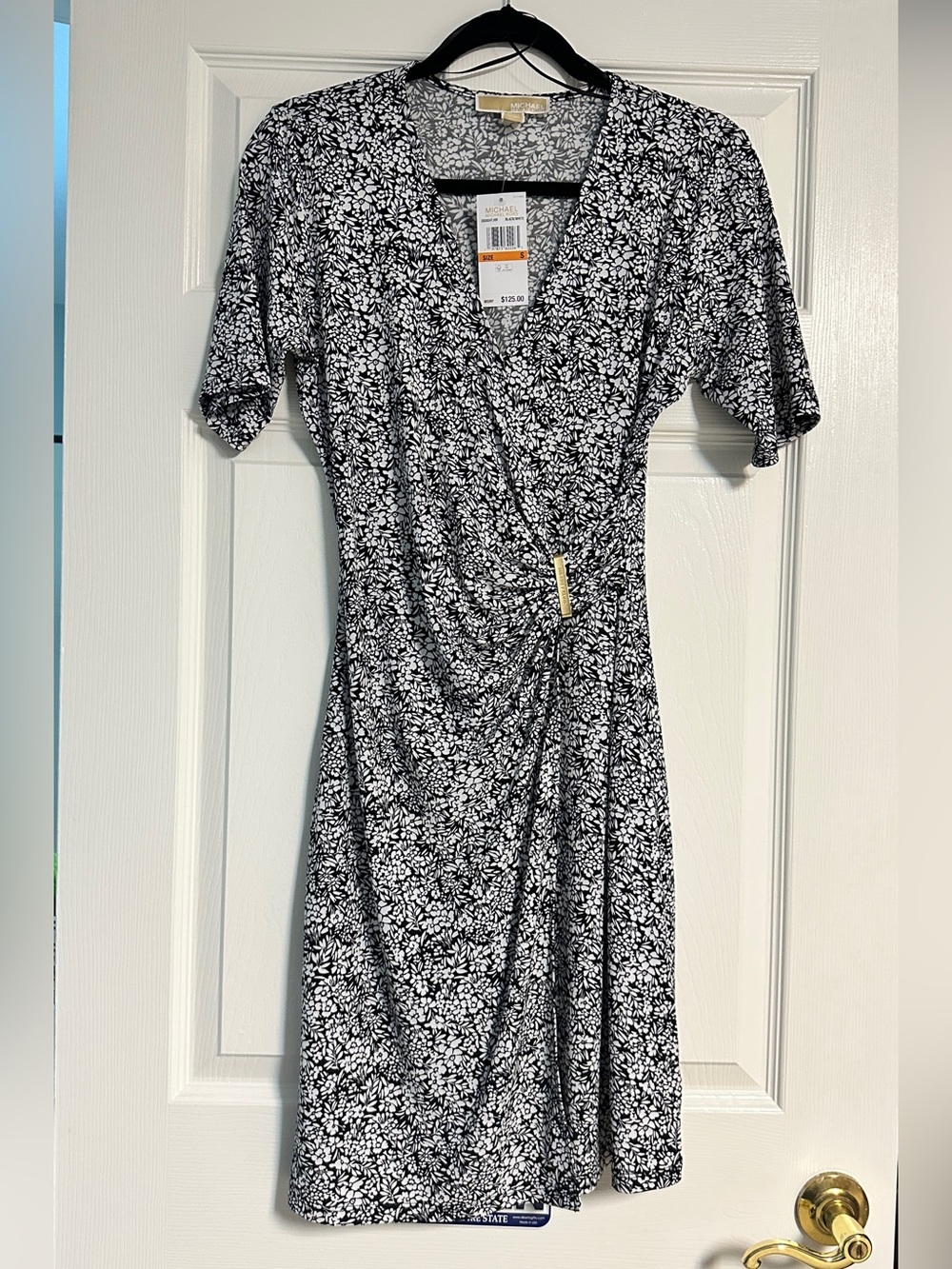 Michael Kors Black & White Floral Faux-Wrap Midi Dress